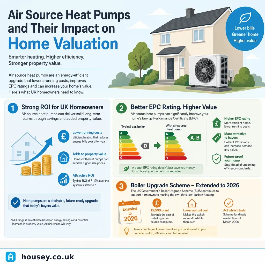 Infographic illustrating: Air Source Heat Pumps and Their Impact on Home Valuation