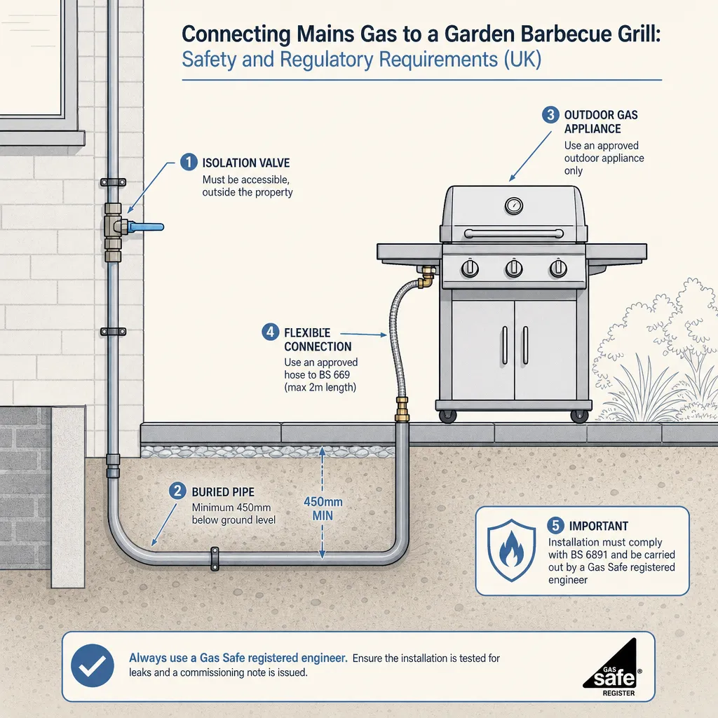 Diagram illustrating: Connecting Mains Gas to a Garden Barbecue Grill: Safety and Regulatory Requirements