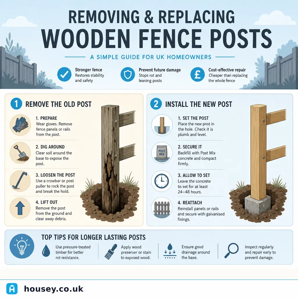 Infographic illustrating: Removing and Replacing Wooden Fence Posts