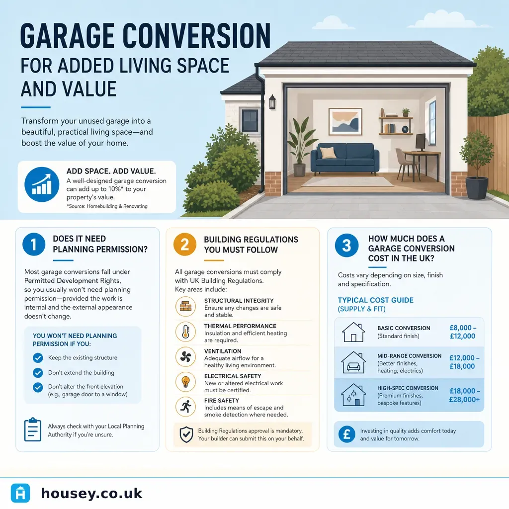 Infographic illustrating: Garage Conversion for Added Living Space and Value