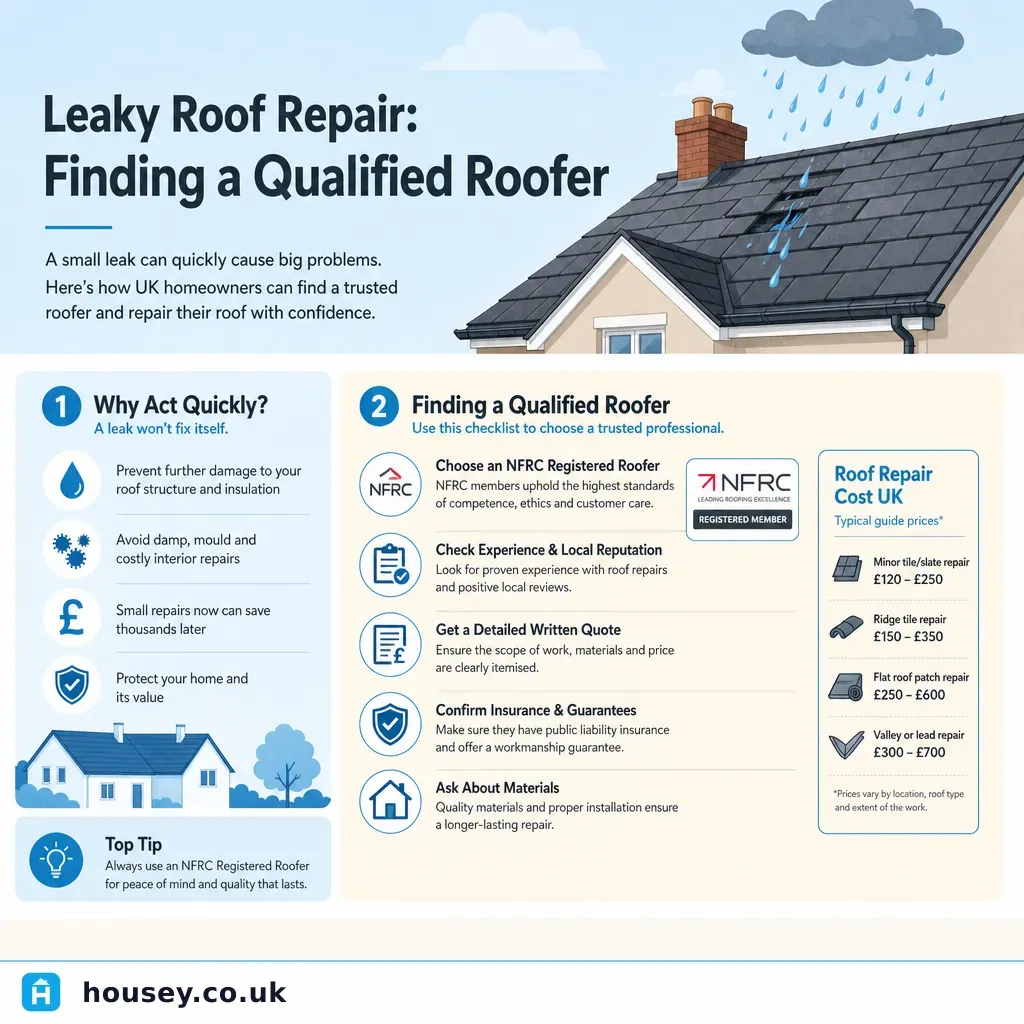Infographic illustrating: Leaky Roof Repair: Finding a Qualified Roofer