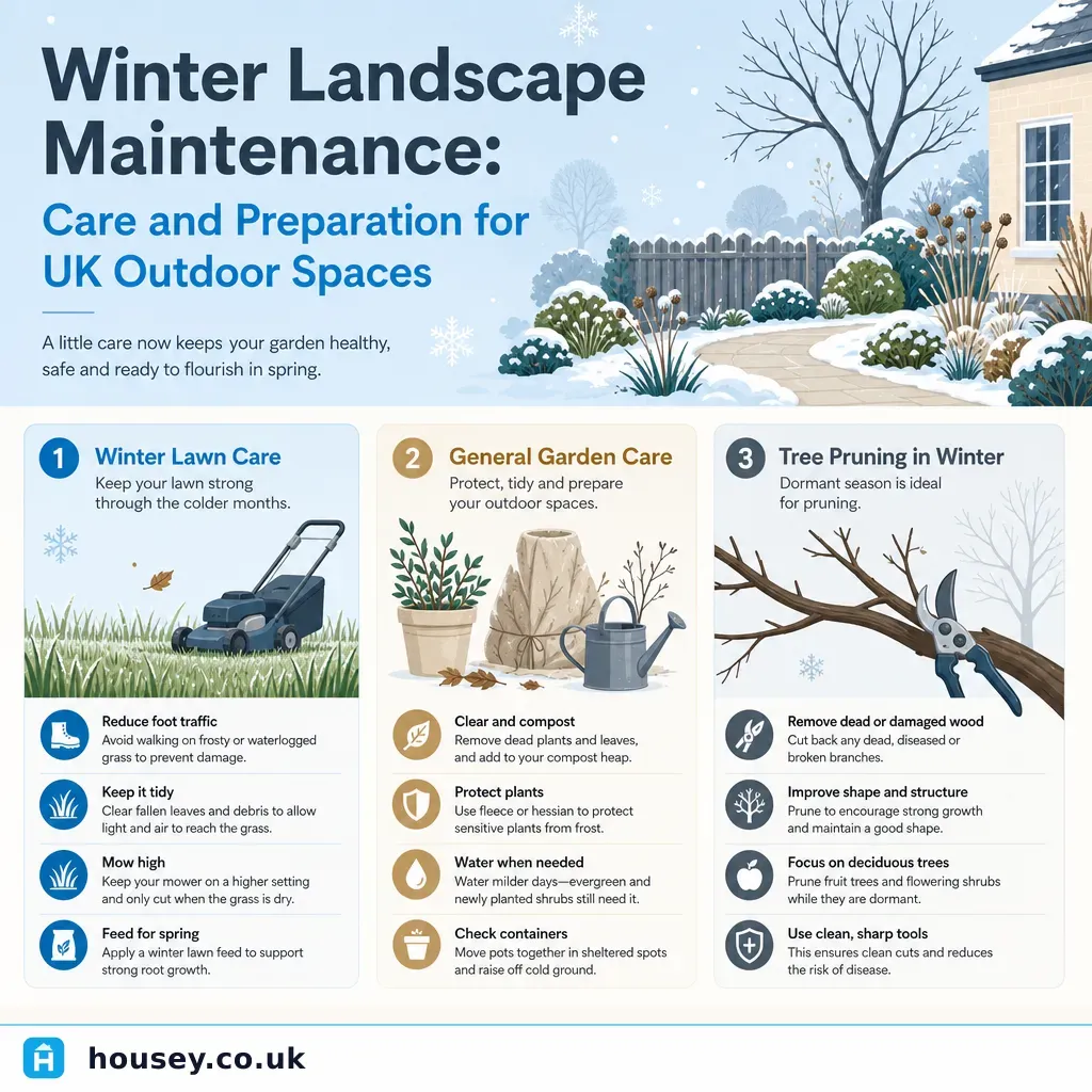 Infographic illustrating: Winter Landscape Maintenance: Care and Preparation for UK Outdoor Spaces