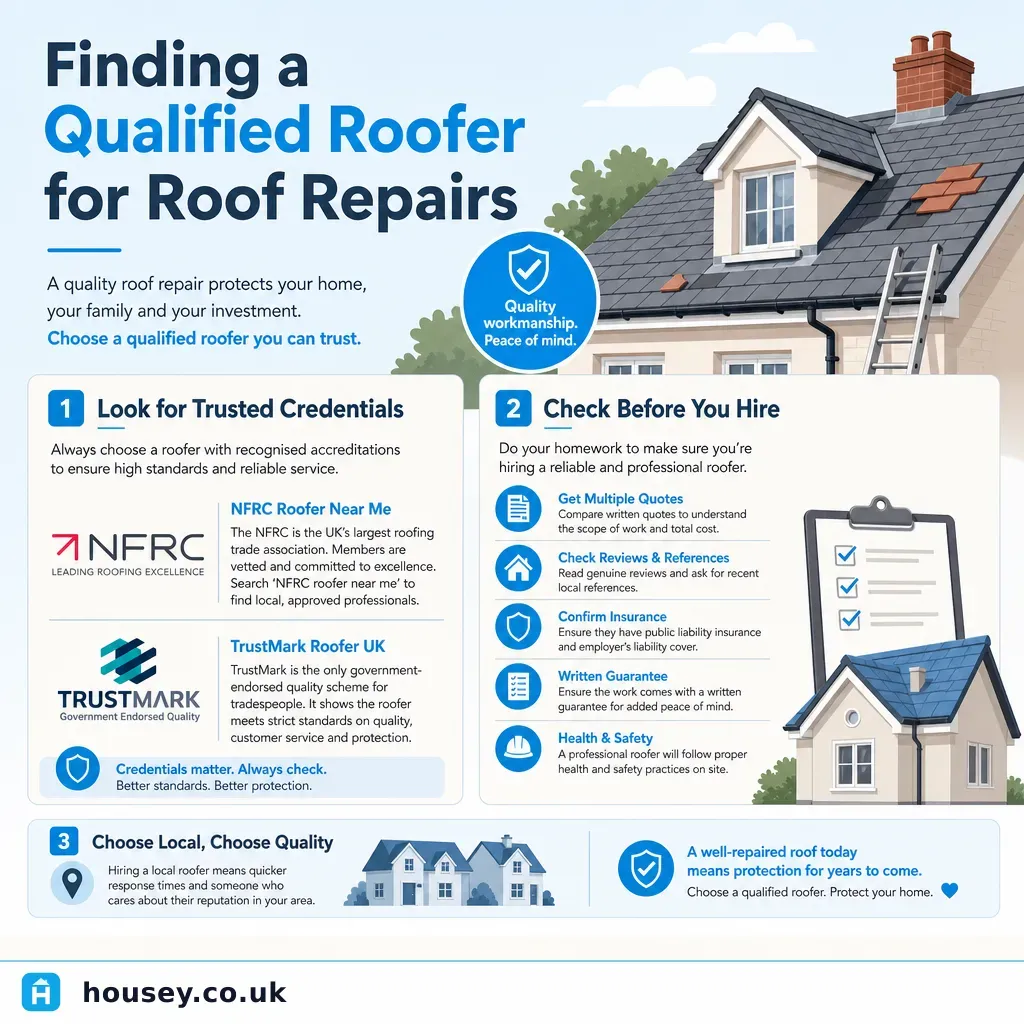 Infographic illustrating: Finding a Qualified Roofer for Roof Repairs