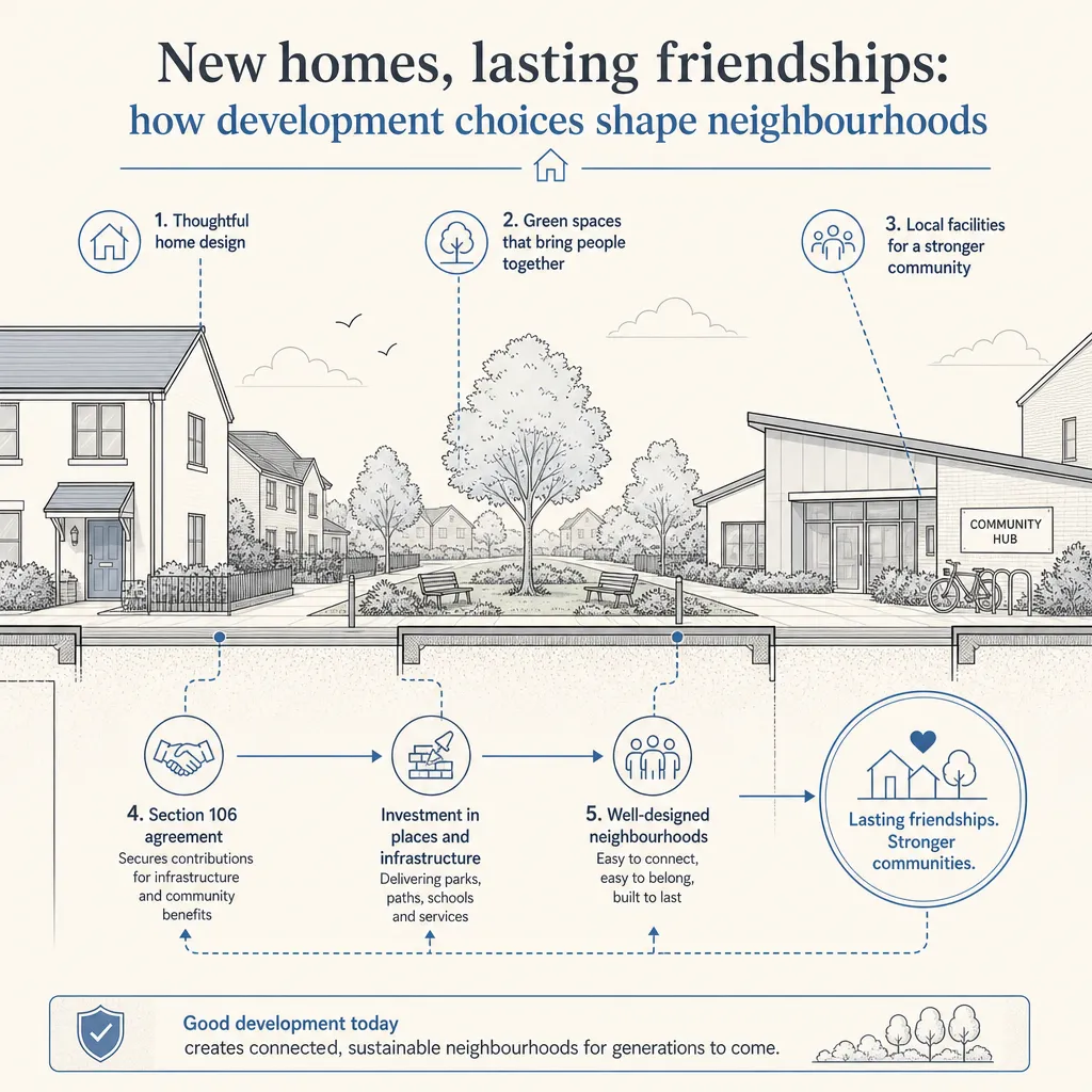 Diagram illustrating: New homes, lasting friendships: how development choices shape neighbourhoods