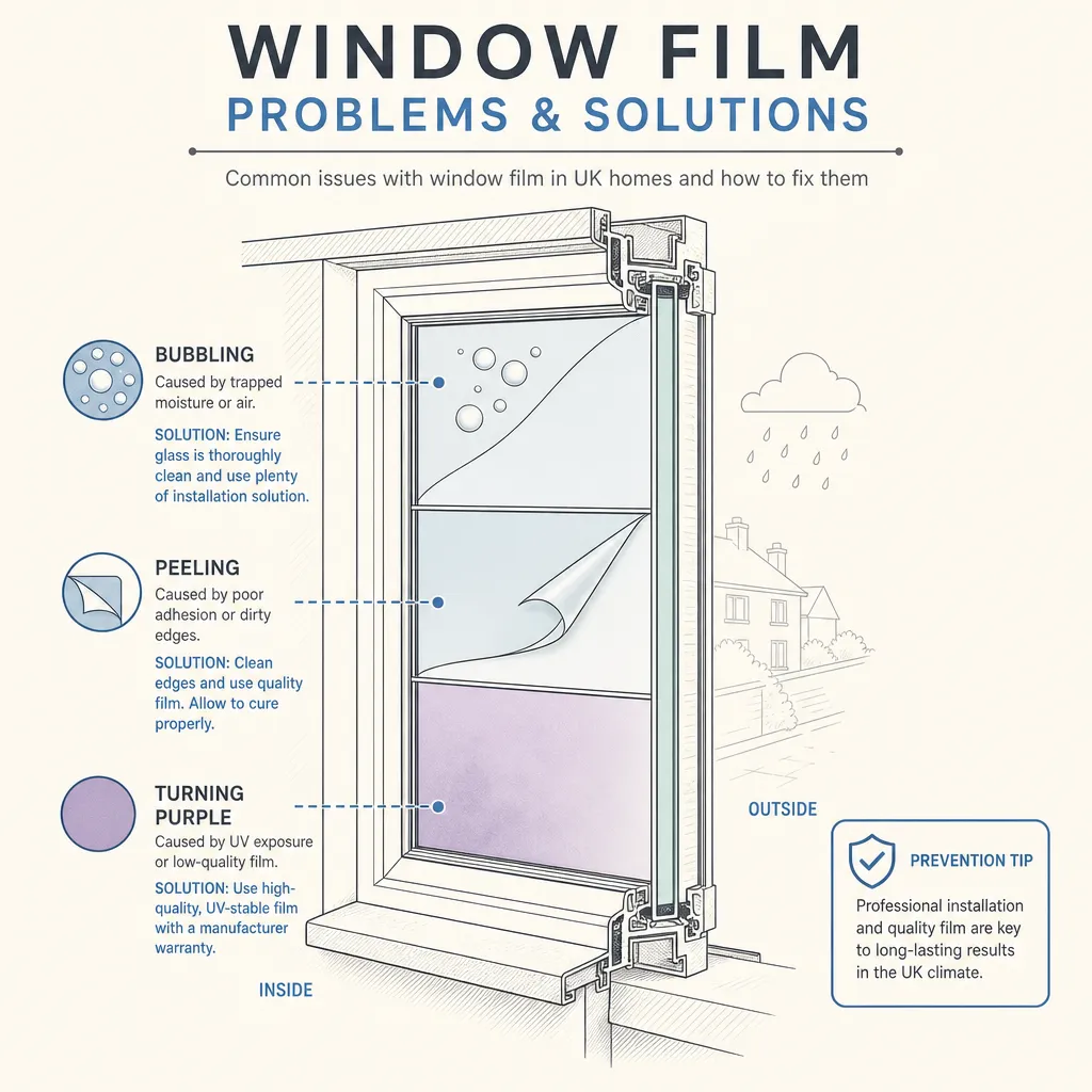 Diagram illustrating: Window film problems and solutions