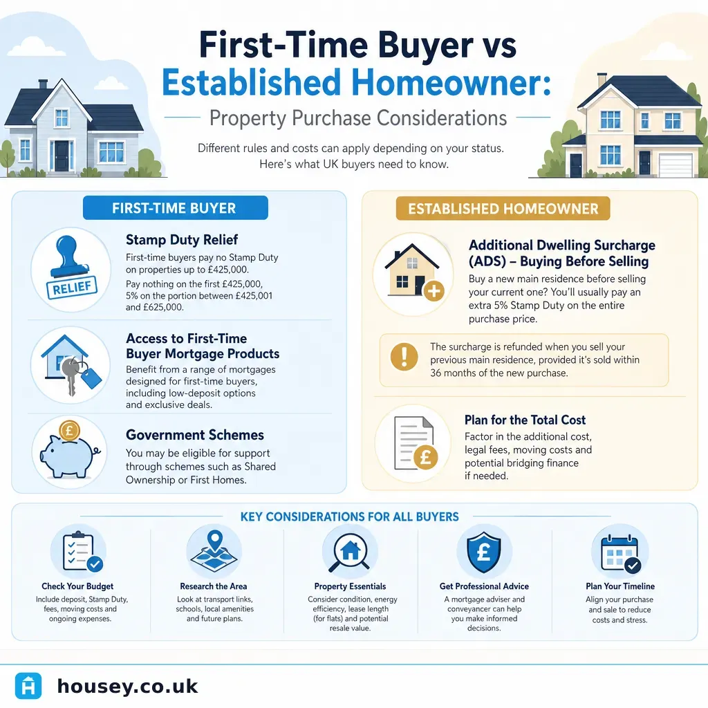 Infographic illustrating: First-Time Buyer vs Established Homeowner: Property Purchase Considerations