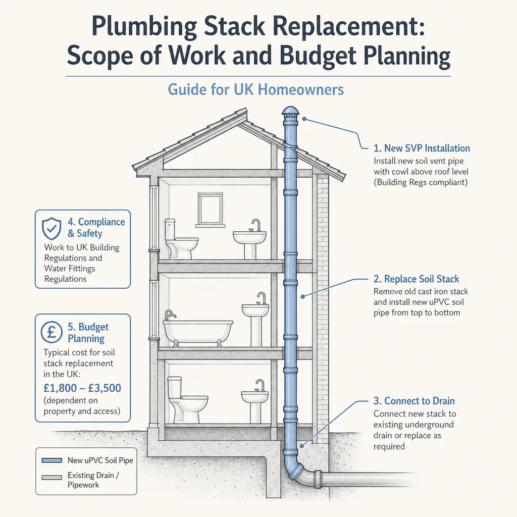Diagram illustrating: Plumbing Stack Replacement: Scope of Work and Budget Planning
