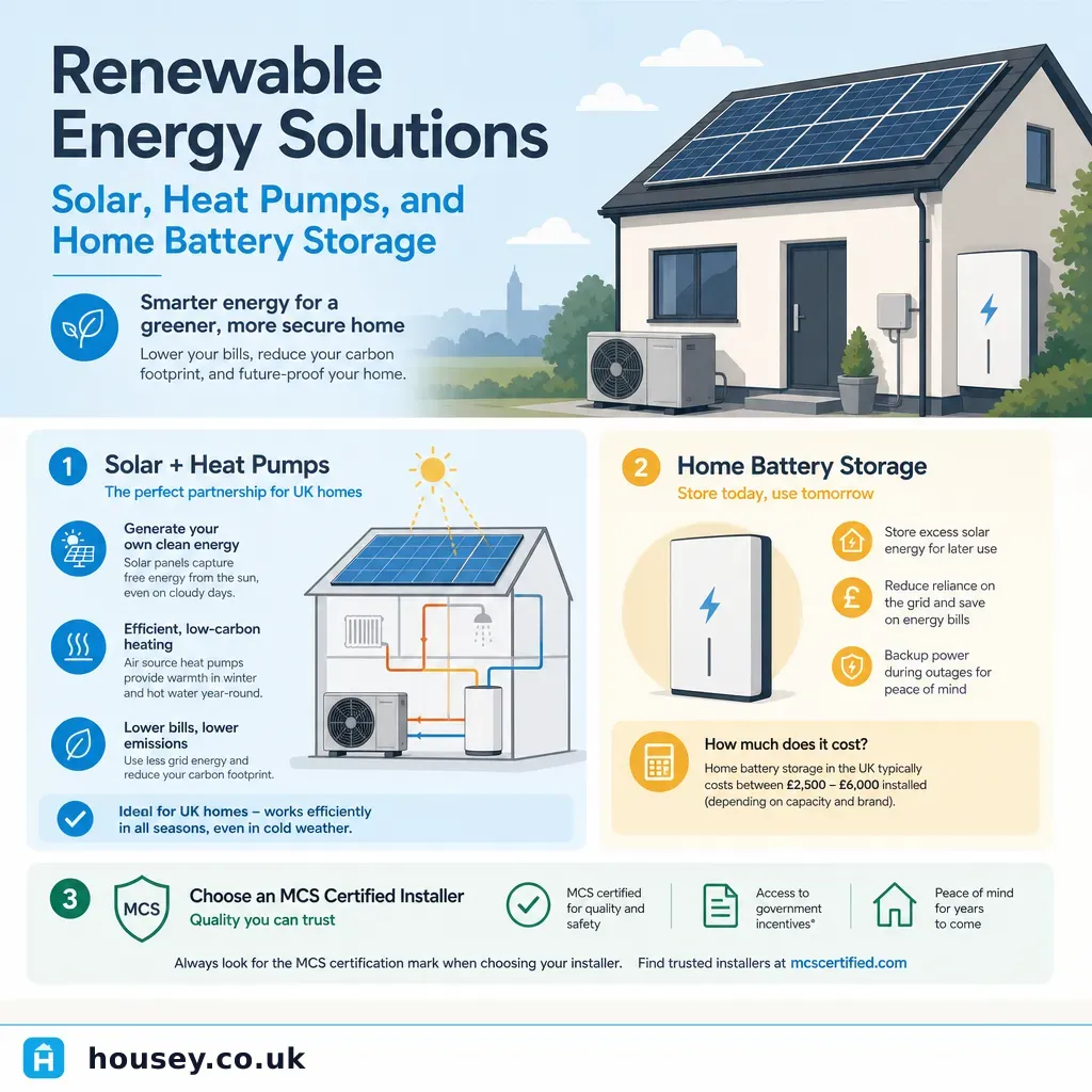 Infographic illustrating: Renewable Energy Solutions: Solar, Heat Pumps, and Home Battery Storage