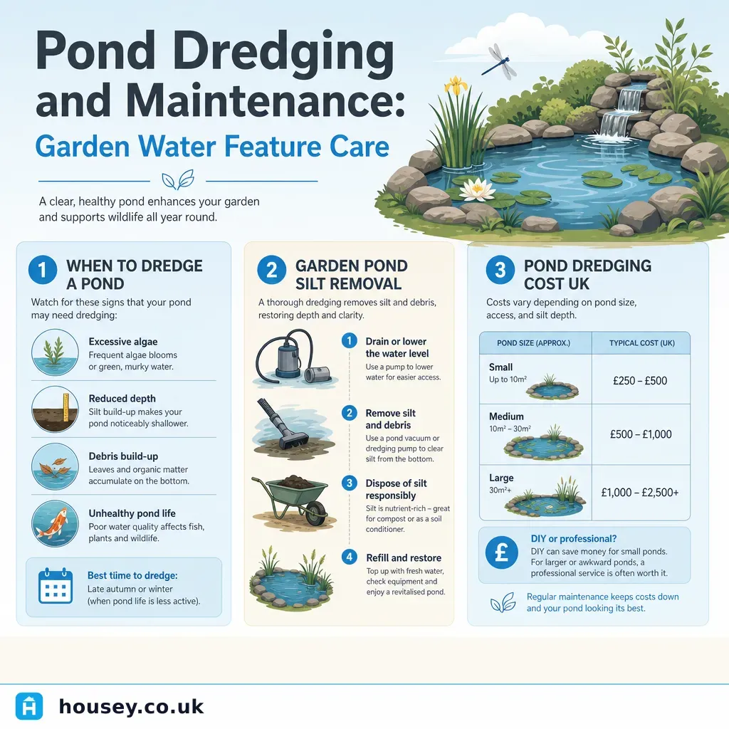 Infographic illustrating: Pond Dredging and Maintenance: Garden Water Feature Care