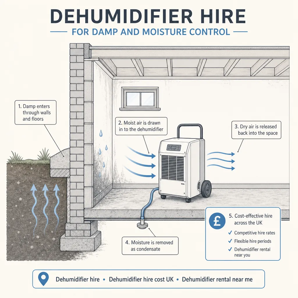 Diagram illustrating: Dehumidifier Hire for Damp and Moisture Control