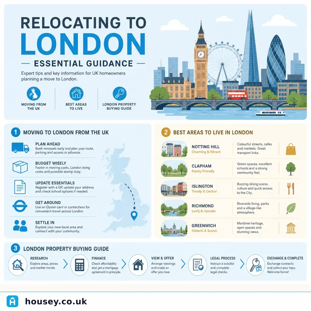 Infographic illustrating: Relocating to London: Essential Guidance
