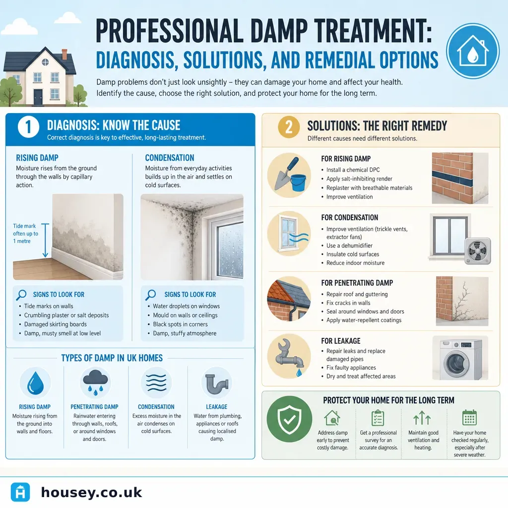Infographic illustrating: Professional Damp Treatment: Diagnosis, Solutions, and Remedial Options