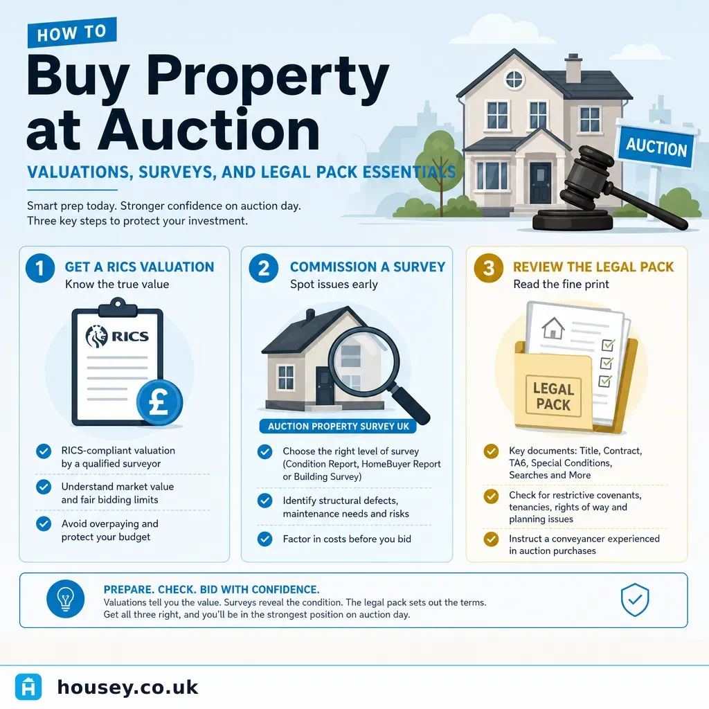 Infographic illustrating: How to Buy Property at Auction: Valuations, Surveys, and Legal Pack Essentials