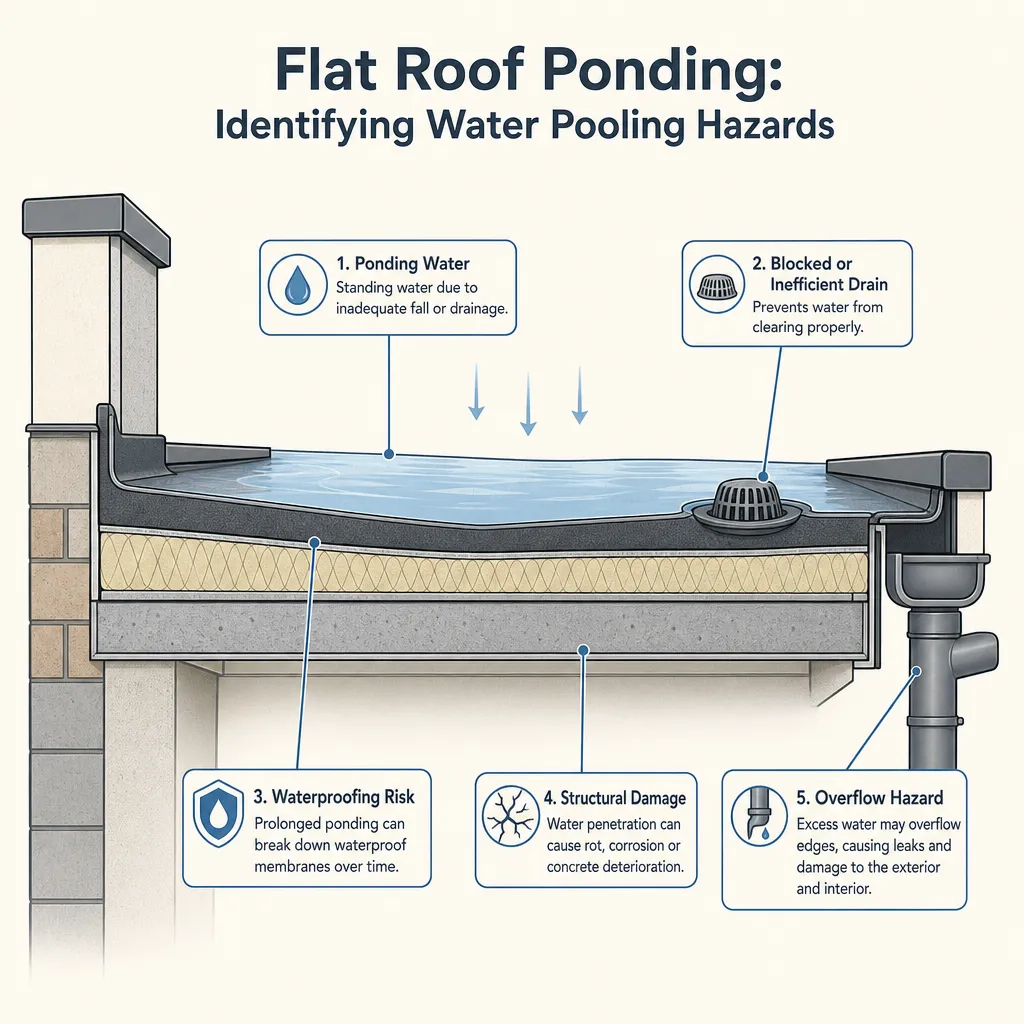 Diagram illustrating: Flat Roof Ponding: Identifying Water Pooling Hazards