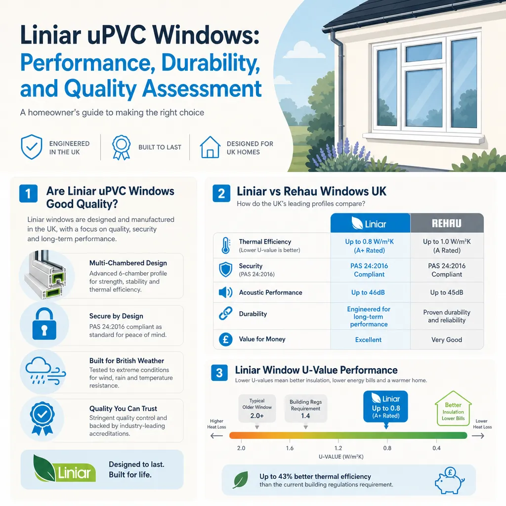 Infographic illustrating: Liniar uPVC Windows: Performance, Durability, and Quality Assessment