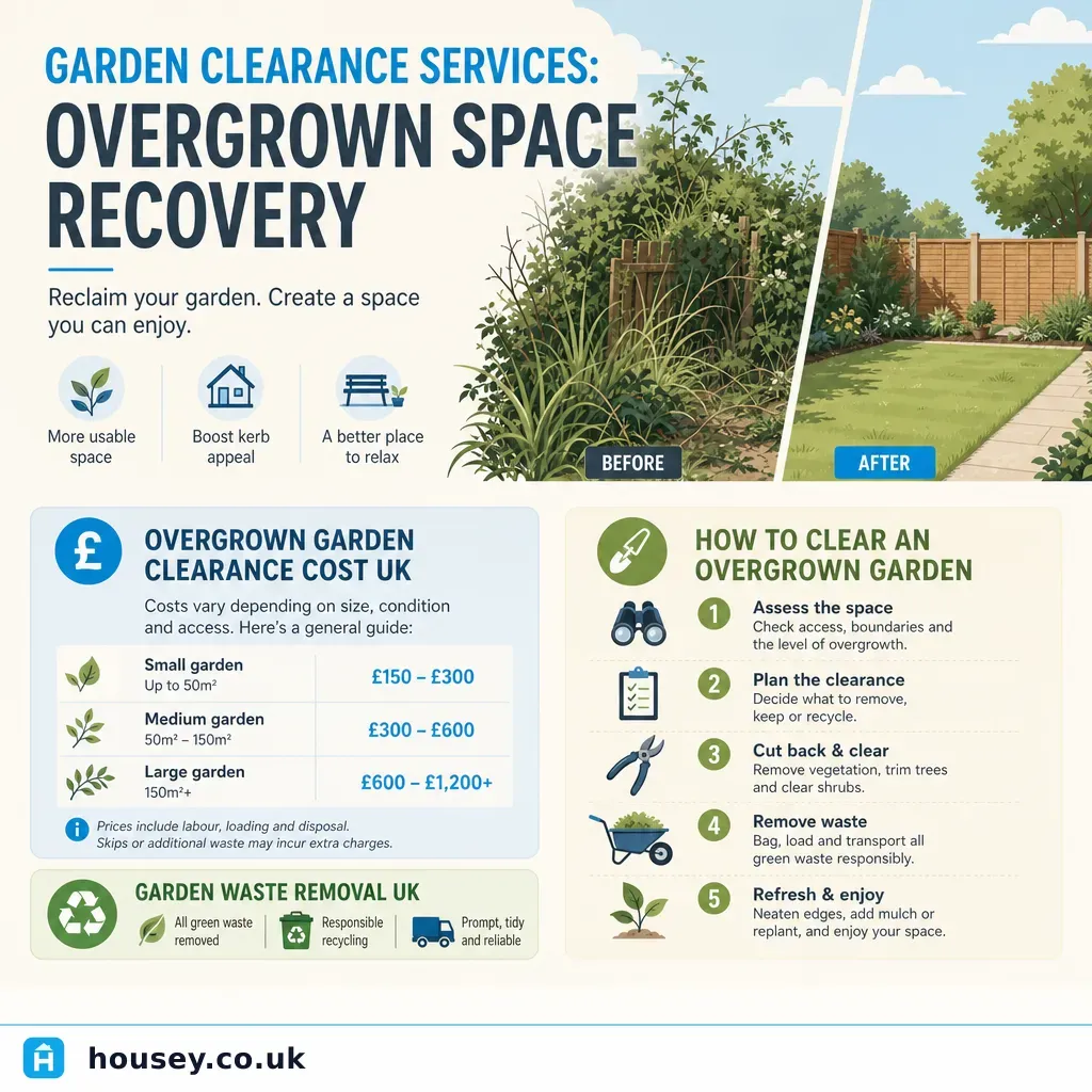 Infographic illustrating: Garden Clearance Services: Overgrown Space Recovery