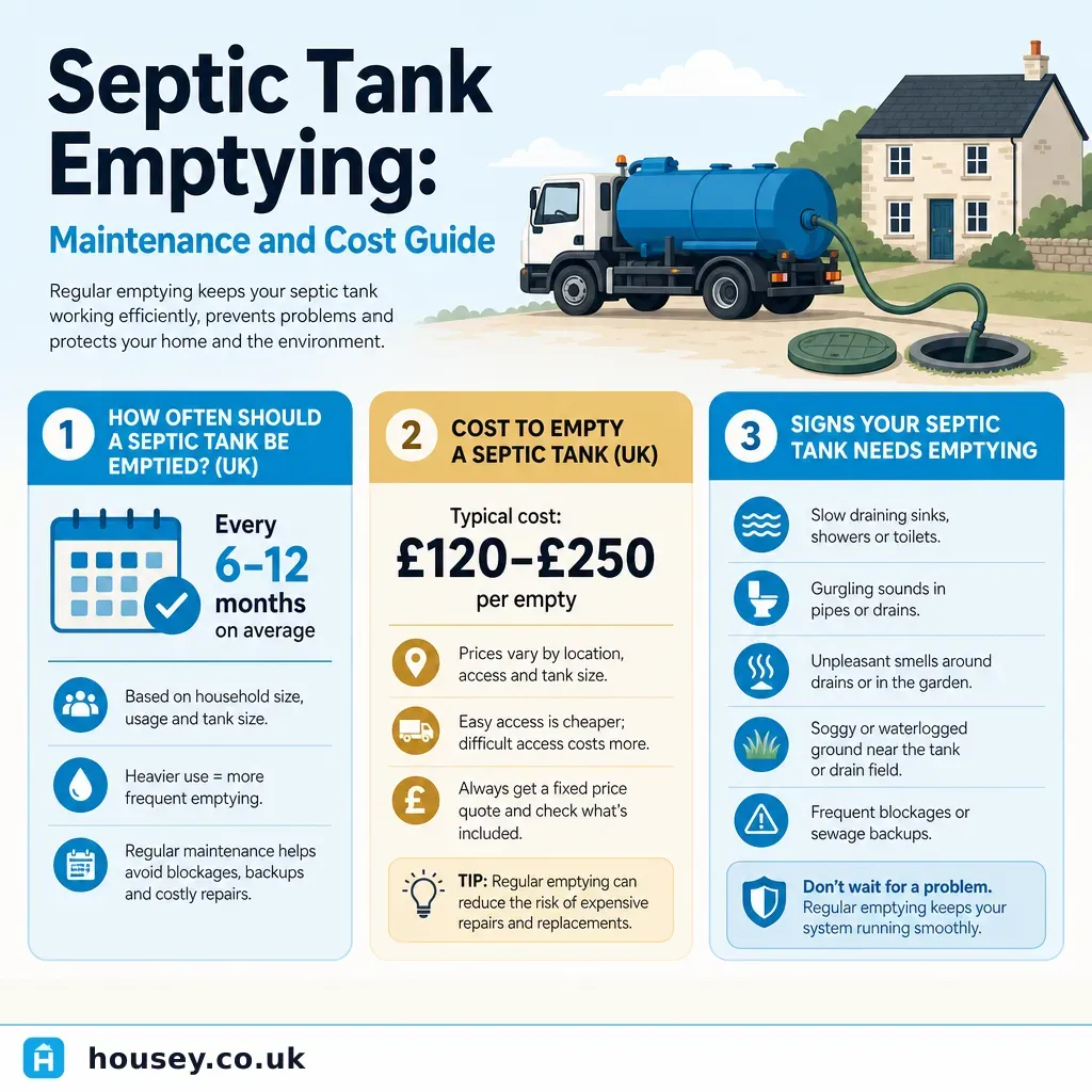 Infographic illustrating: Septic Tank Emptying: Maintenance and Cost Guide