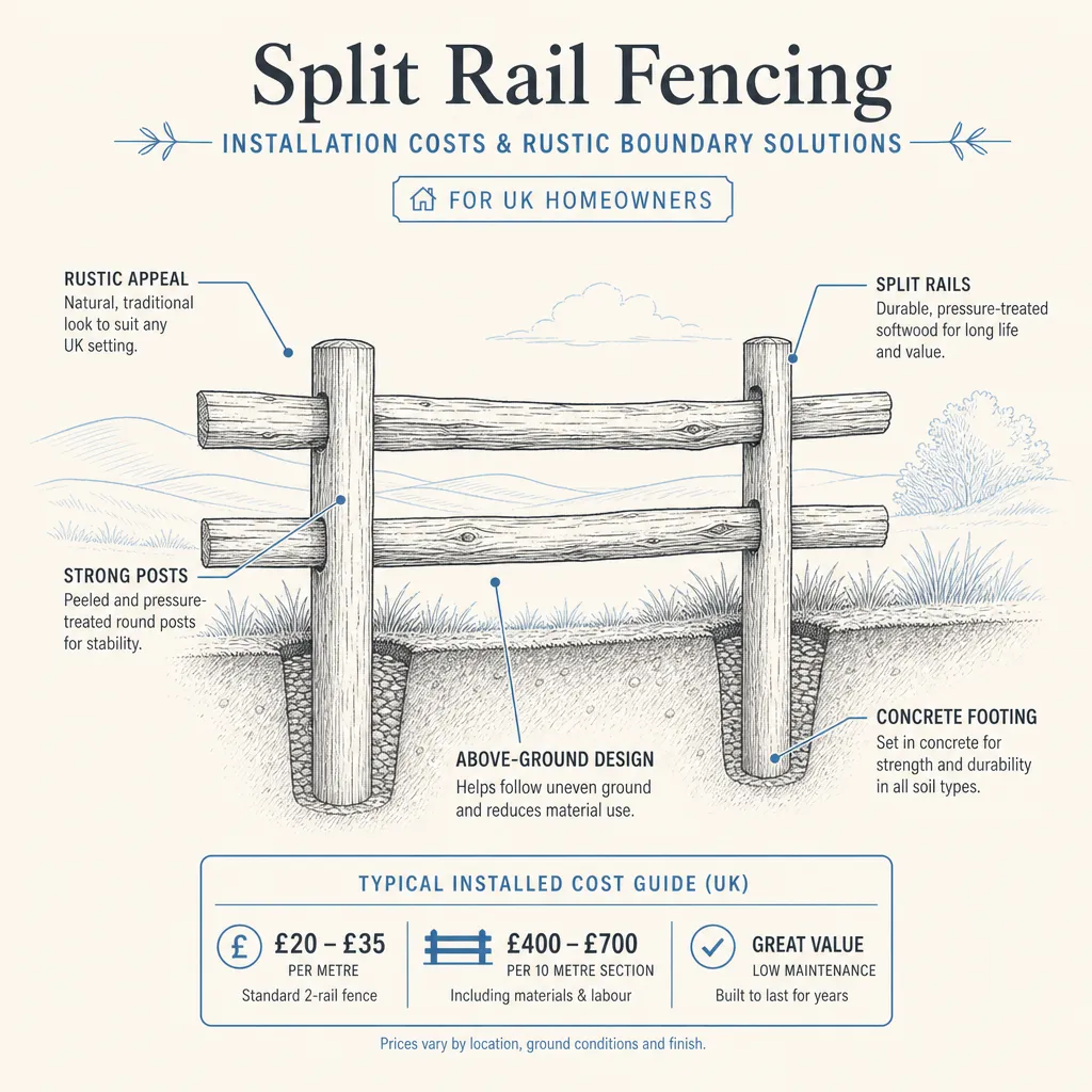 Diagram illustrating: Split rail fencing: installation costs and rustic boundary solutions