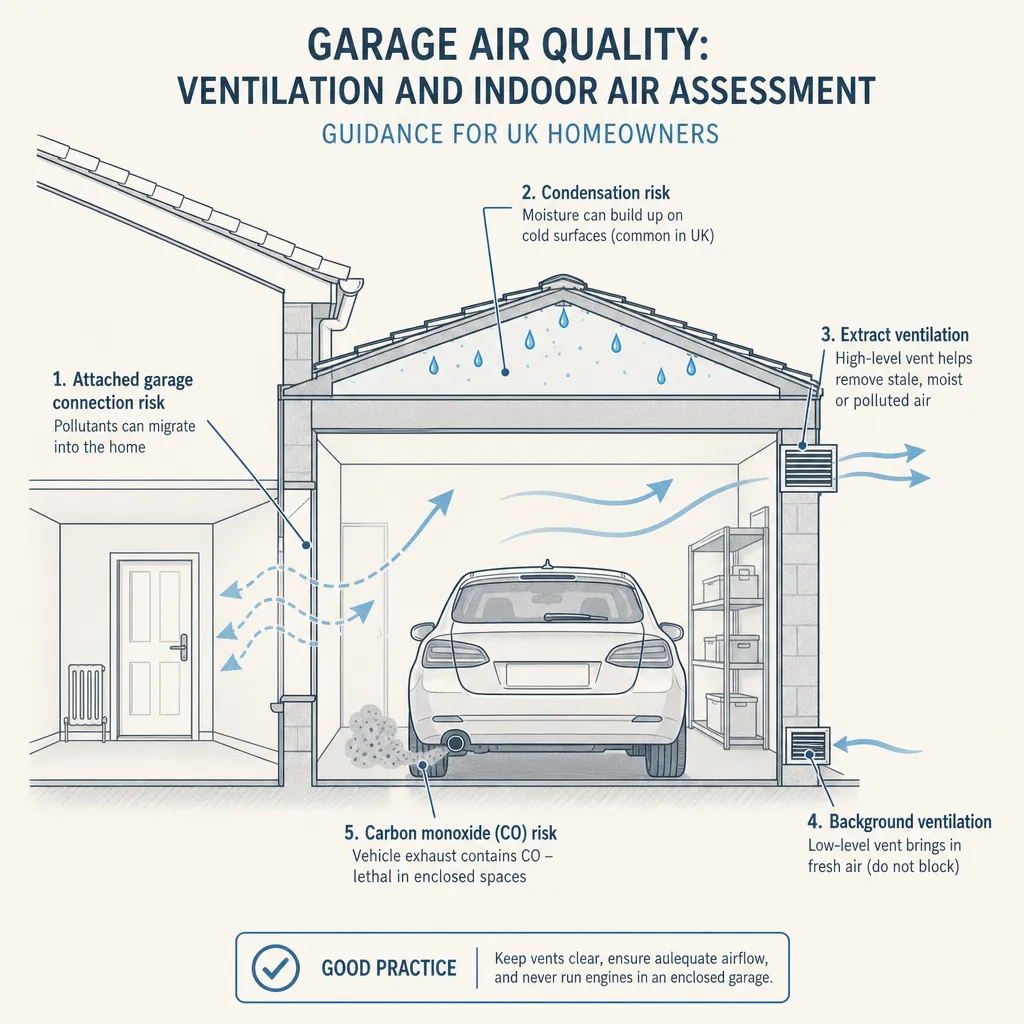 Diagram illustrating: Garage Air Quality: Ventilation and Indoor Air Assessment