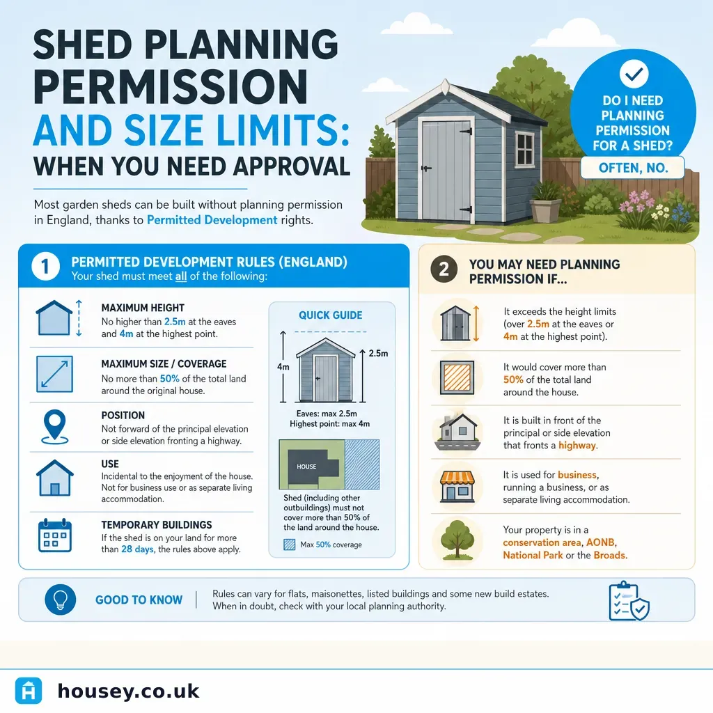 Infographic illustrating: Shed Planning Permission and Size Limits: When You Need Approval
