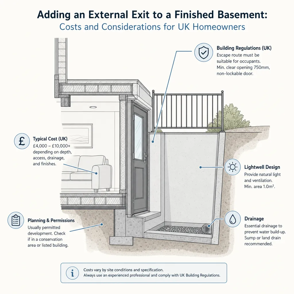 Diagram illustrating: Adding an External Exit to a Finished Basement: Costs and Considerations