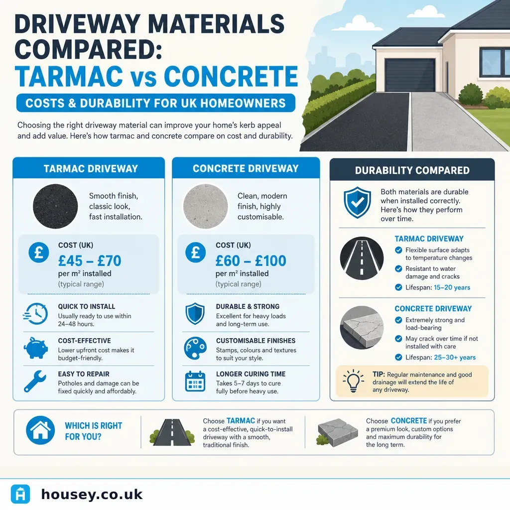 Infographic illustrating: Driveway Materials Compared: Tarmac vs Concrete Costs and Durability