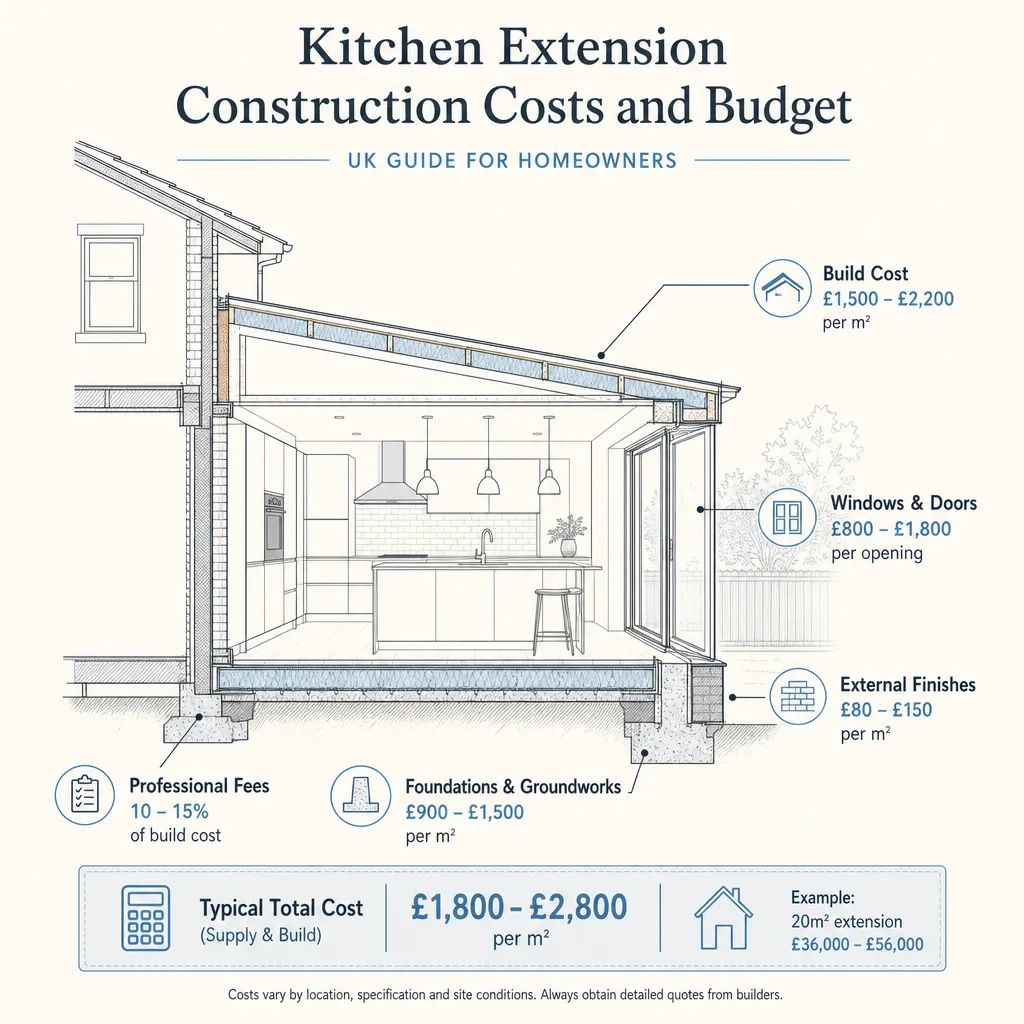 Diagram illustrating: Kitchen Extension Construction Costs and Budget
