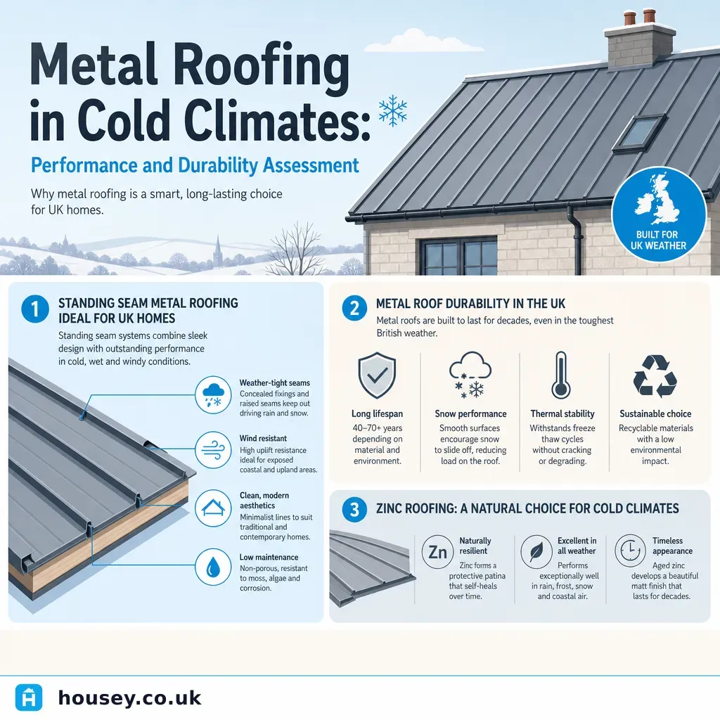 Infographic illustrating: Metal Roofing in Cold Climates: Performance and Durability Assessment