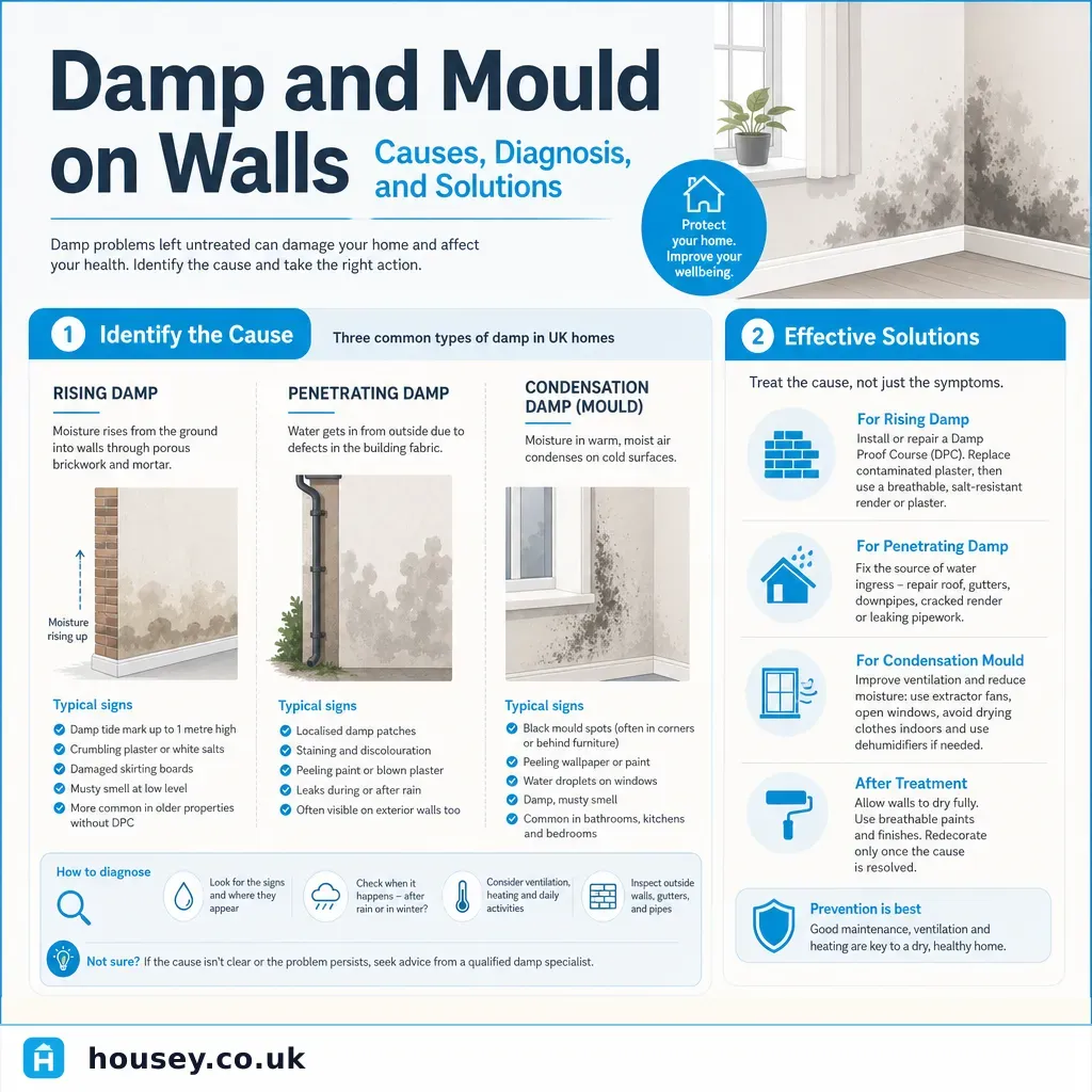 Infographic illustrating: Damp and Mould on Walls: Causes, Diagnosis, and Solutions