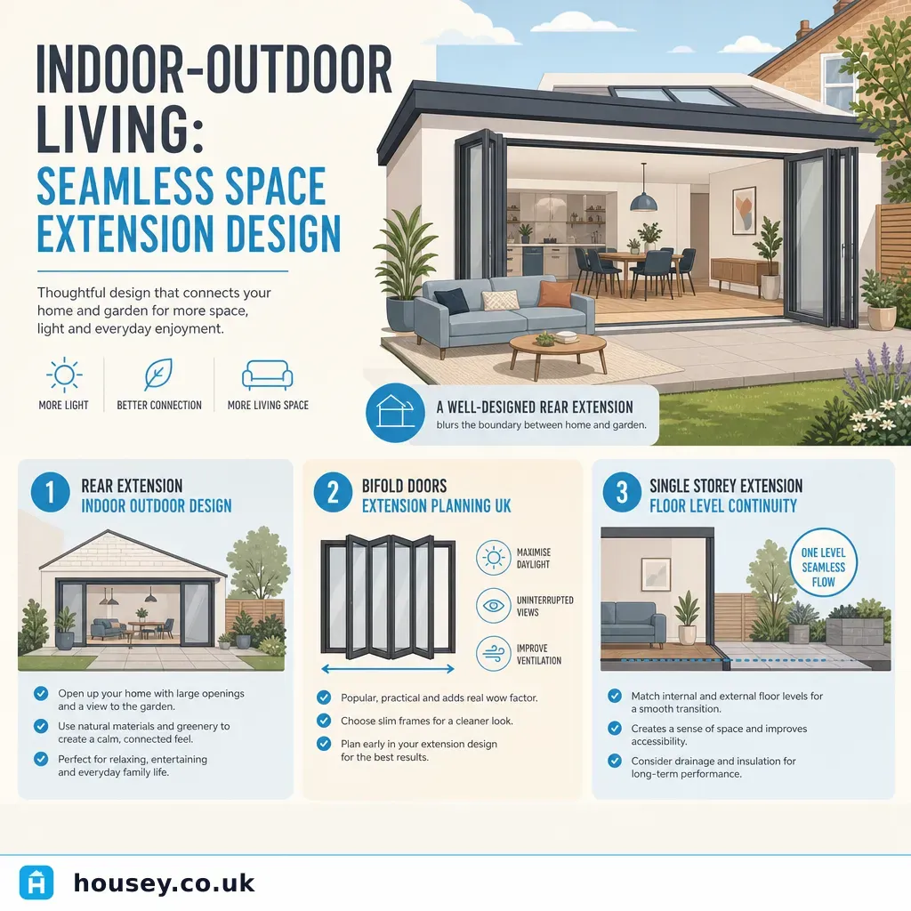 Infographic illustrating: Indoor-Outdoor Living: Seamless Space Extension Design