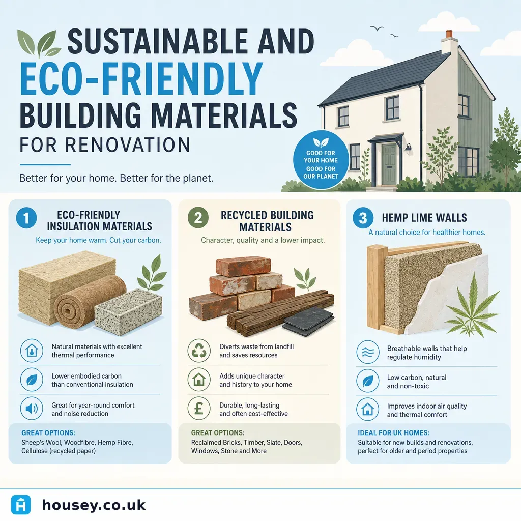 Infographic illustrating: Sustainable and Eco-Friendly Building Materials for Renovation