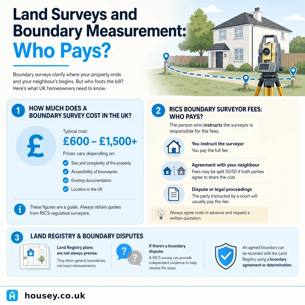Infographic illustrating: Land Surveys and Boundary Measurement: Who Pays