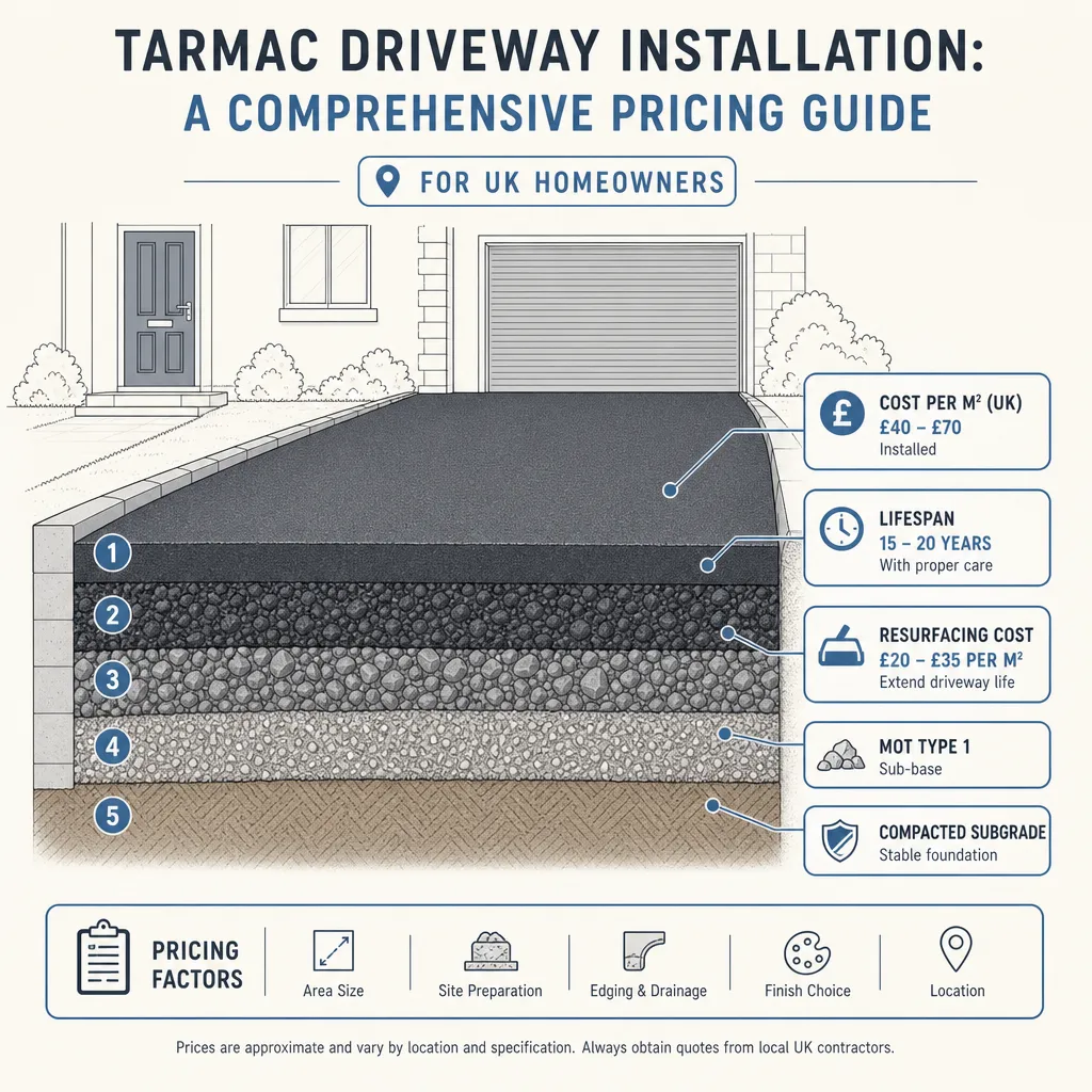 Diagram illustrating: Tarmac Driveway Installation: A Comprehensive Pricing Guide