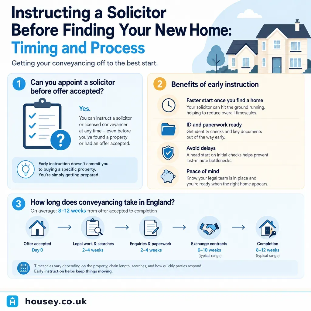 Infographic illustrating: Instructing a Solicitor Before Finding Your New Home: Timing and Process