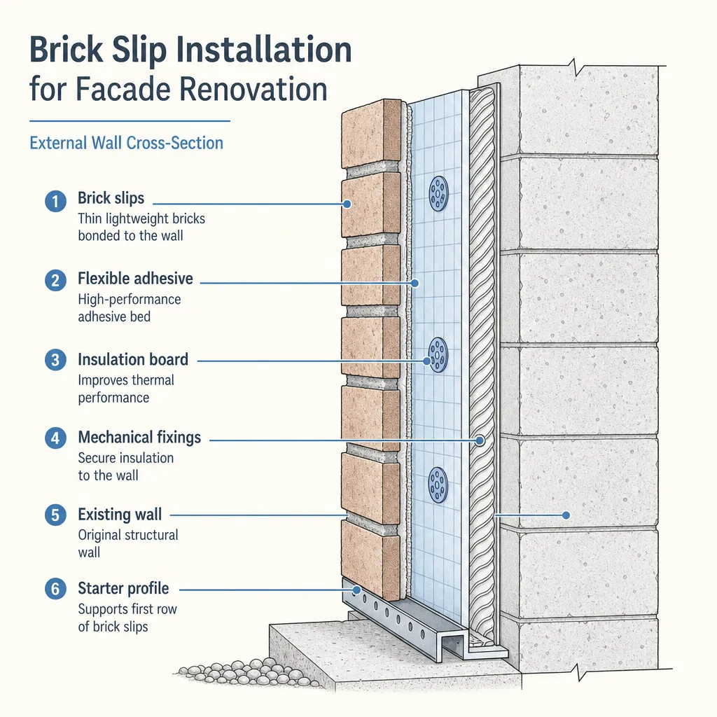 Diagram illustrating: Brick Slip Installation for Facade Renovation