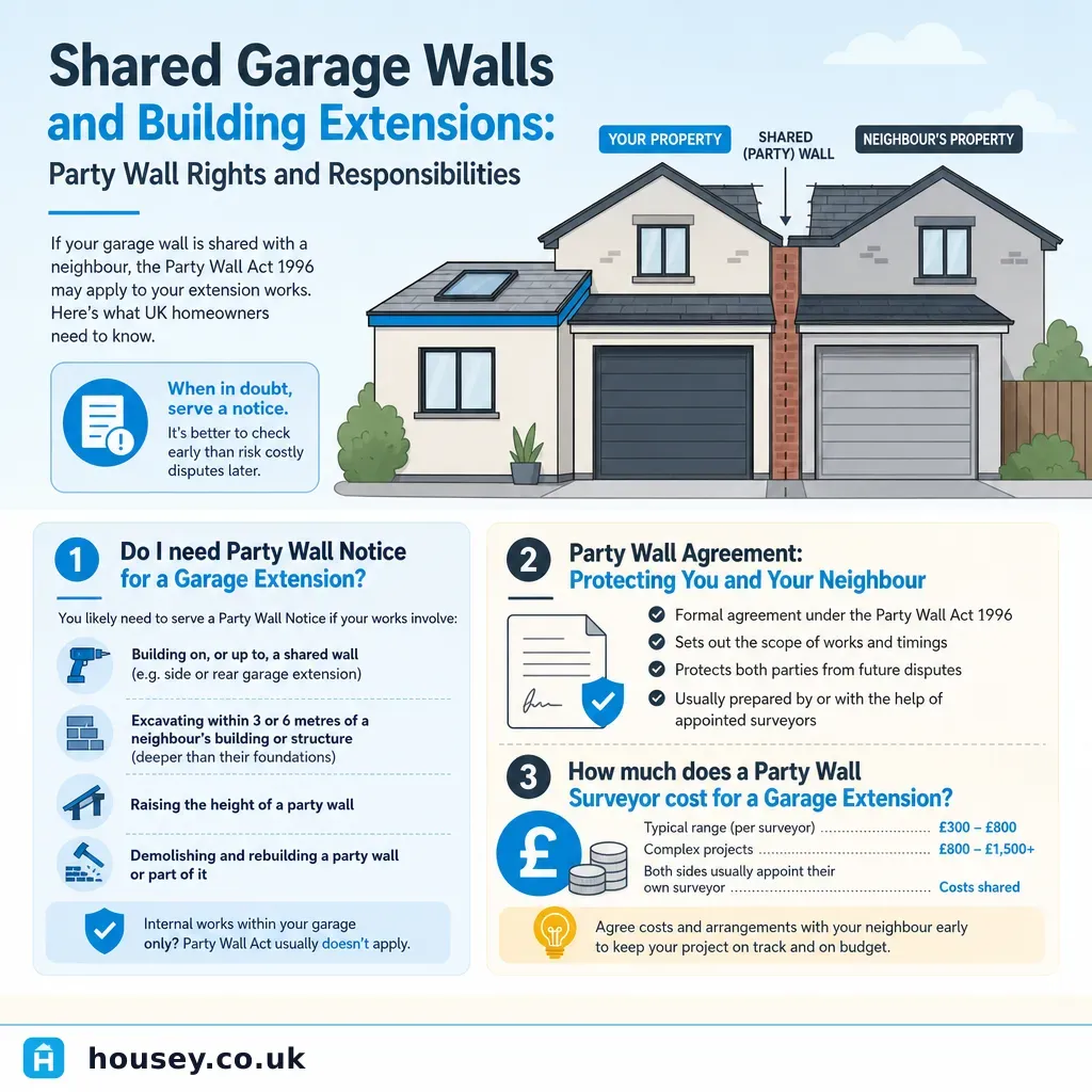Infographic illustrating: Shared Garage Walls and Building Extensions: Party Wall Rights and Responsibilities