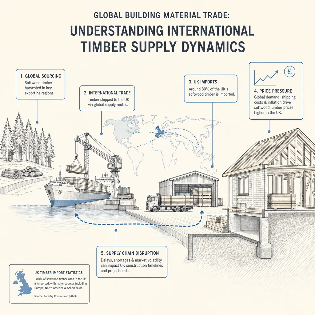 Diagram illustrating: Global Building Material Trade: Understanding International Timber Supply Dynamics