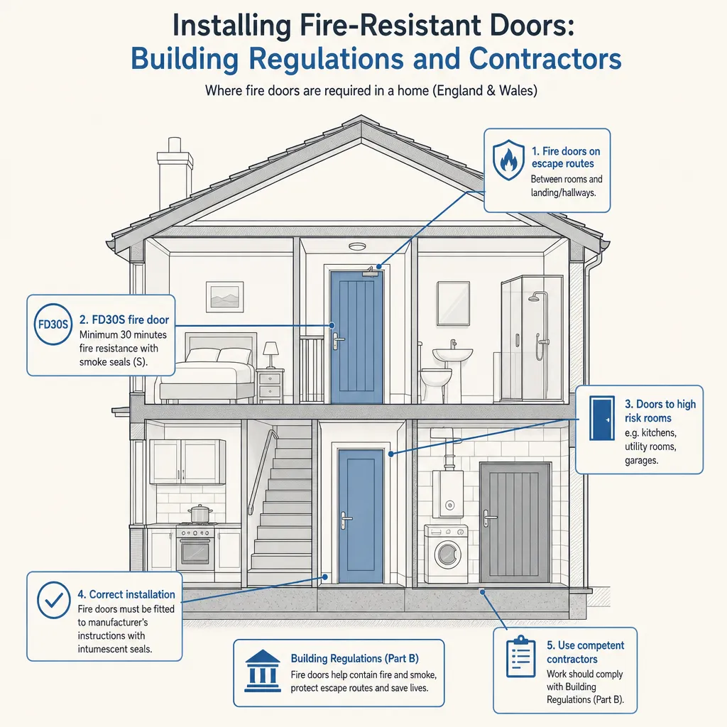 Diagram illustrating: Installing Fire-Resistant Doors: Building Regulations and Contractors
