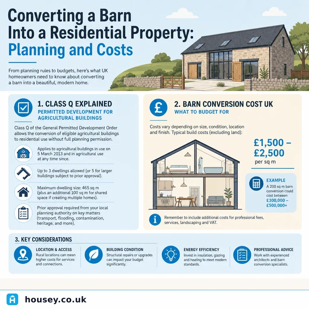 Infographic illustrating: Converting a Barn Into a Residential Property: Planning and Costs