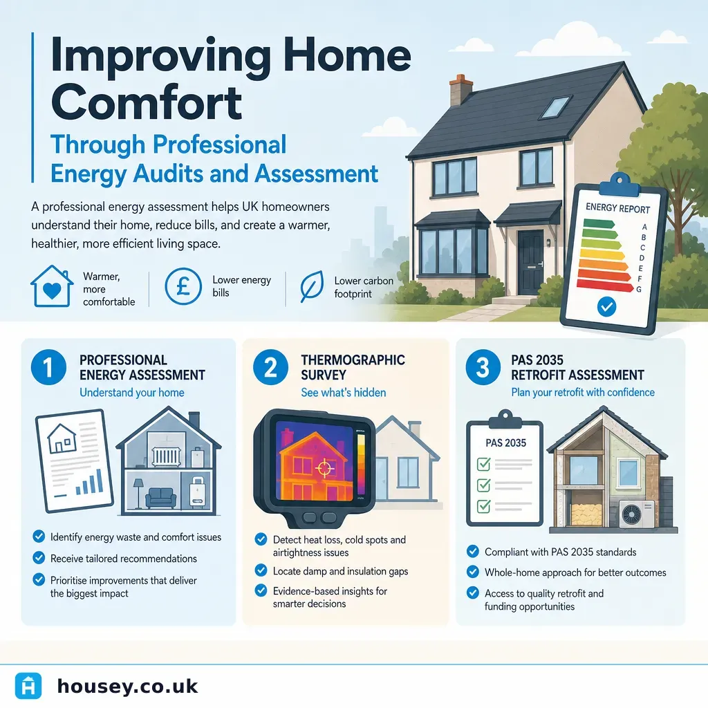 Infographic illustrating: Improving Home Comfort Through Professional Energy Audits and Assessment