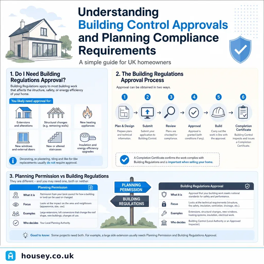 Infographic illustrating: Understanding Building Control Approvals and Planning Compliance Requirements
