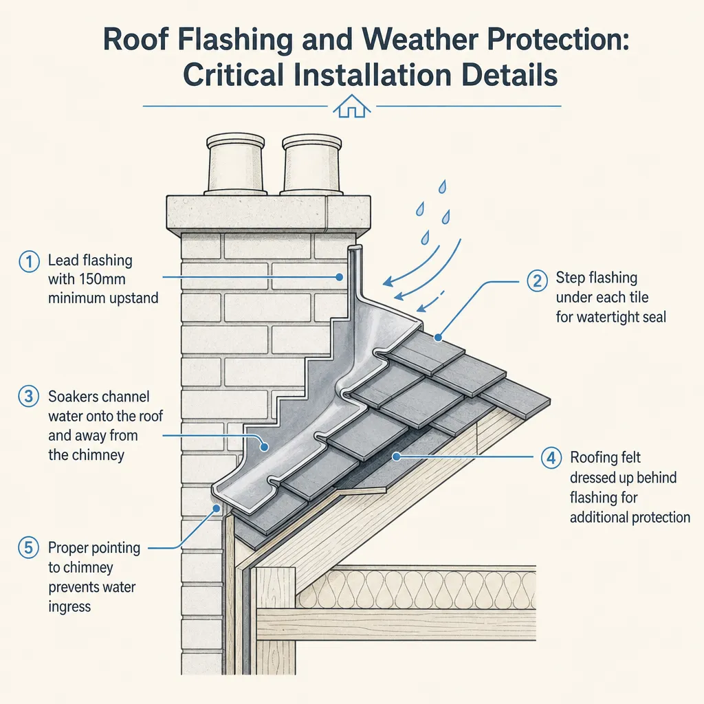 Diagram illustrating: Roof Flashing and Weather Protection: Critical Installation Details