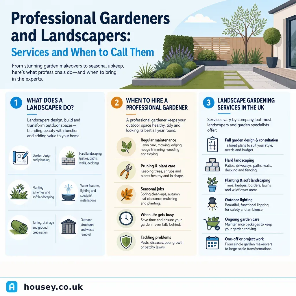 Infographic illustrating: Professional Gardeners and Landscapers: Services and When to Call Them