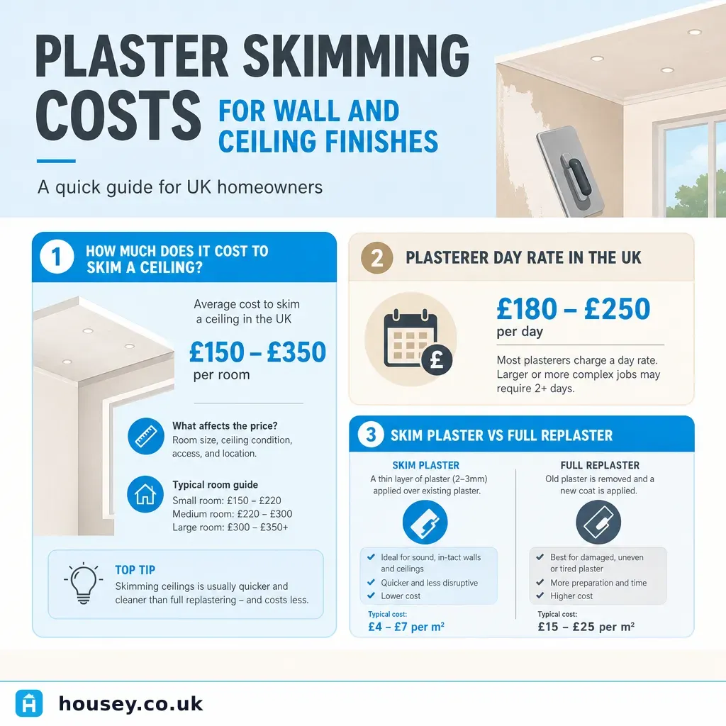 Infographic illustrating: Plaster Skimming Costs for Wall and Ceiling Finishes