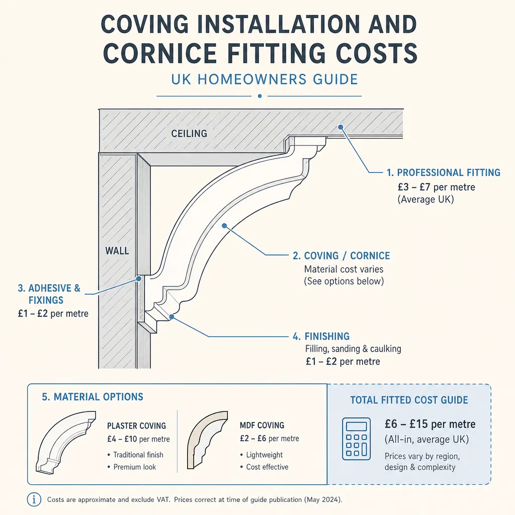 Diagram illustrating: Coving Installation and Cornice Fitting Costs