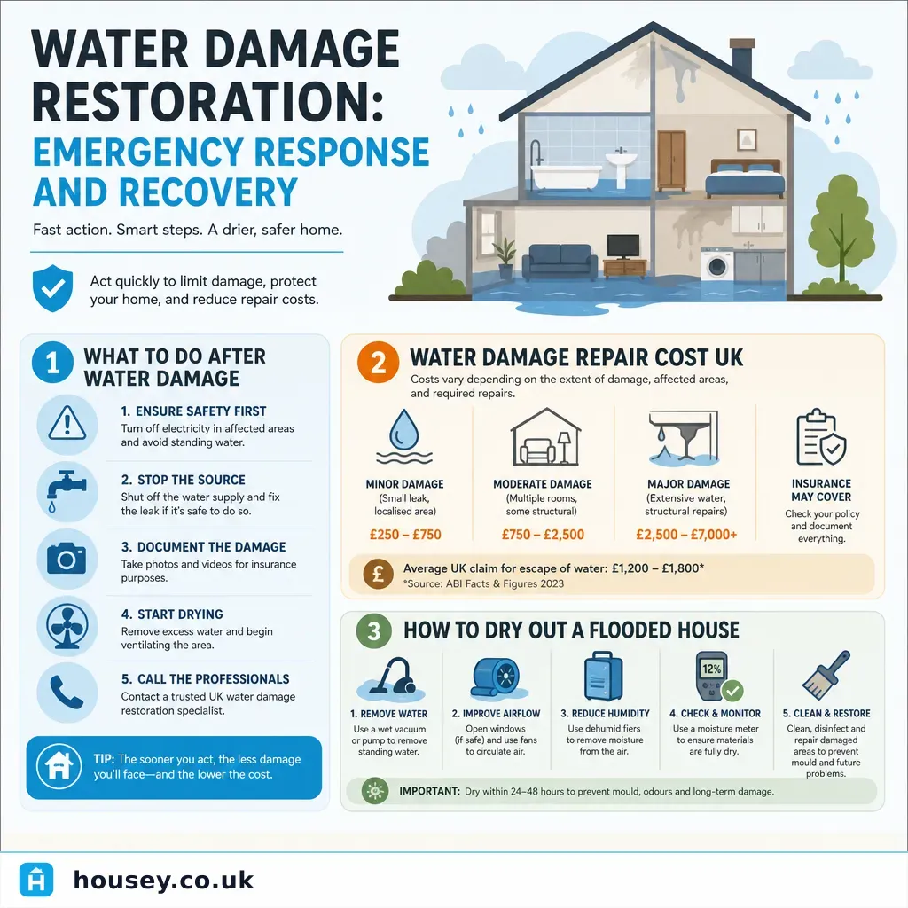 Infographic illustrating: Water Damage Restoration: Emergency Response and Recovery