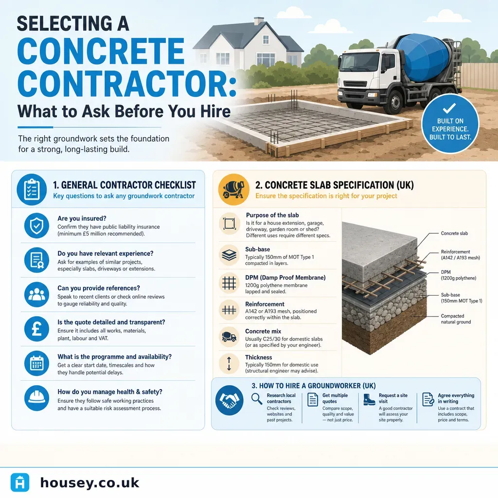 Infographic illustrating: Selecting a Concrete Contractor: What to Ask Before You Hire
