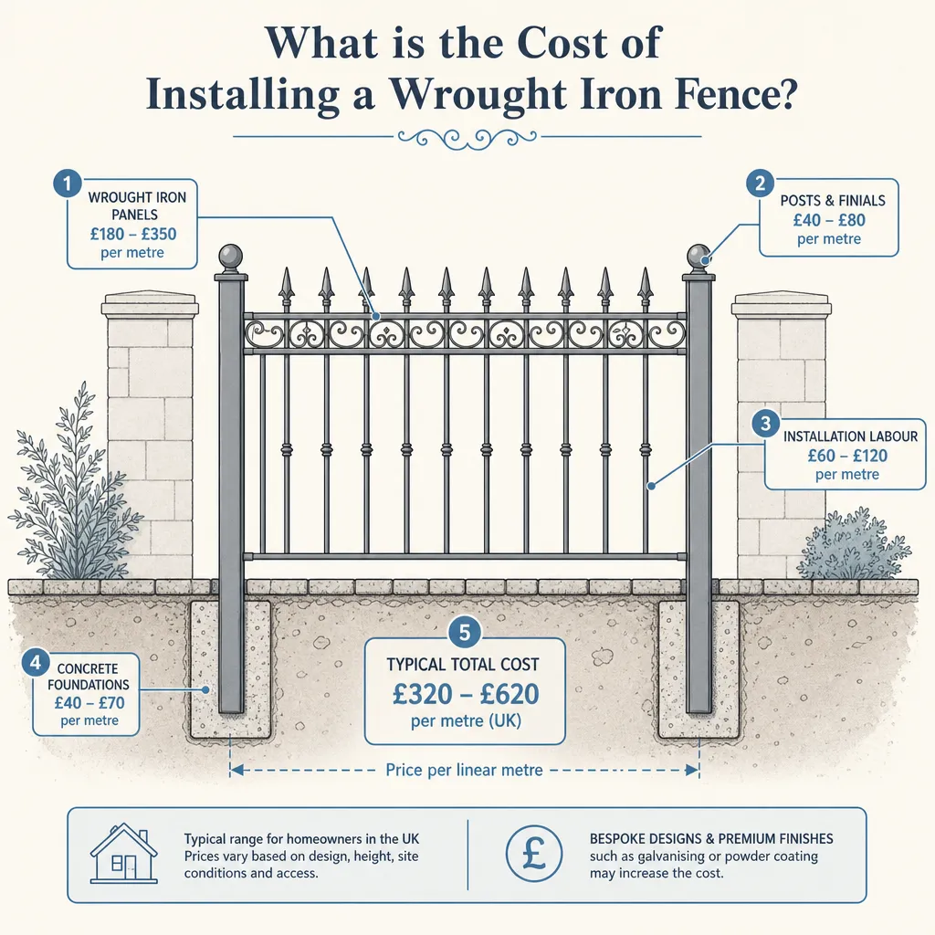 Diagram illustrating: What is the Cost of Installing a Wrought Iron Fence?