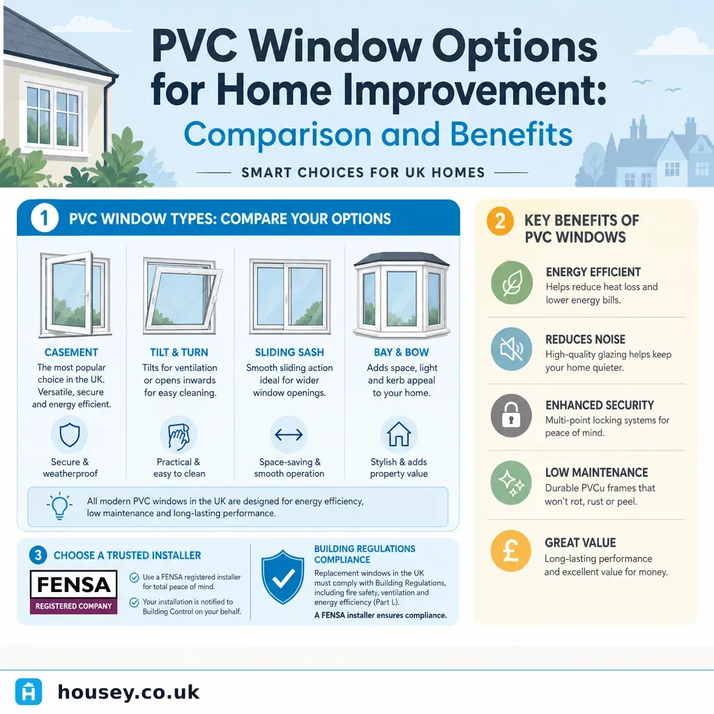 Infographic illustrating: PVC Window Options for Home Improvement: Comparison and Benefits