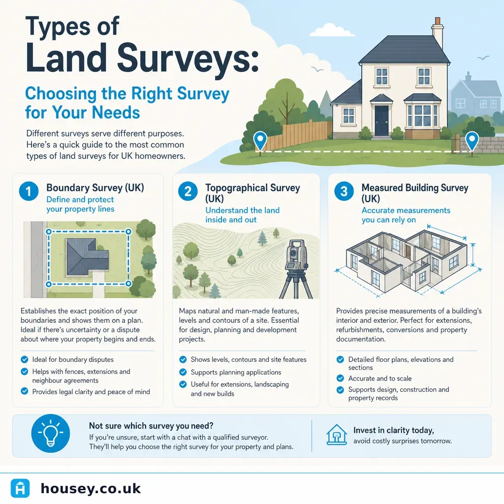 Infographic illustrating: Types of Land Surveys: Choosing the Right Survey for Your Needs